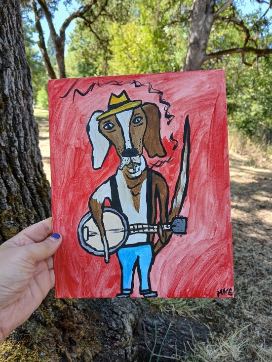 Hand Crafted Other - Dog Plays Banjo Painting Folk Art